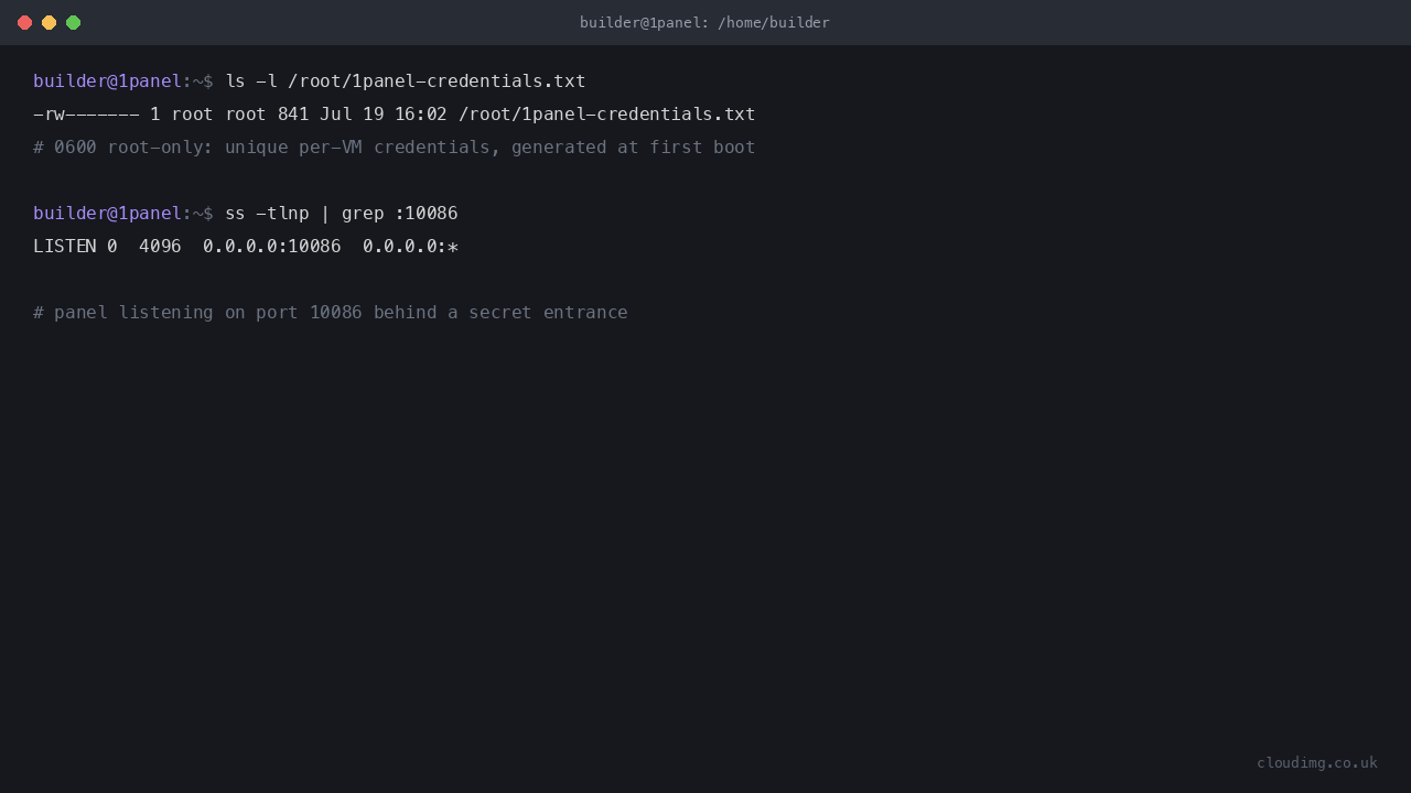 The per-VM credentials file with 0600 root-only permissions and the panel listening on port 10086