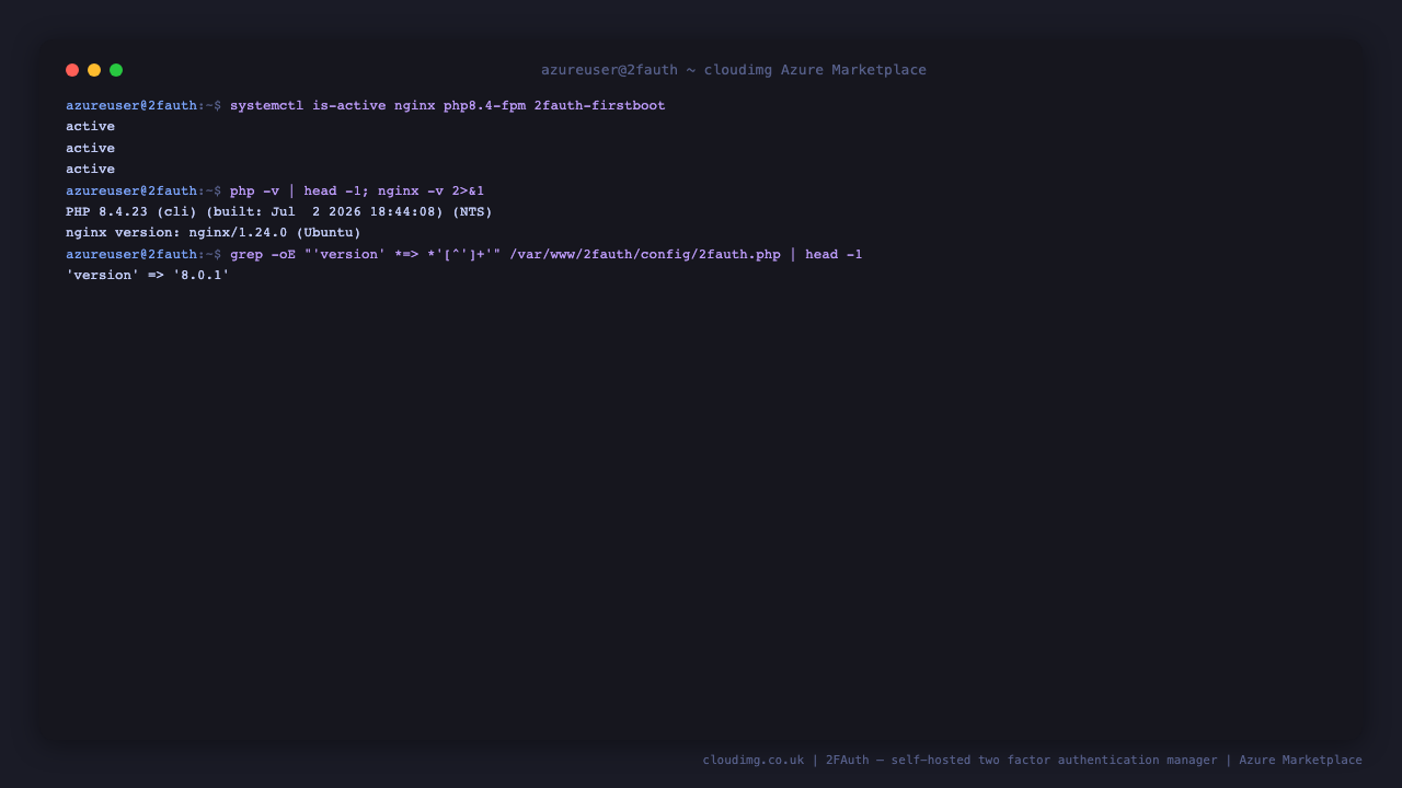 2FAuth services and versions on a freshly launched VM