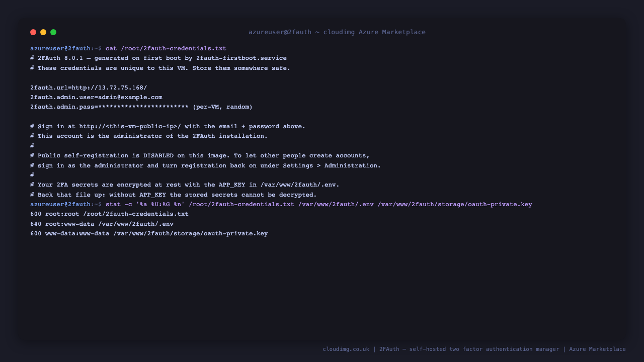 Per-VM 2FAuth credentials and file permissions