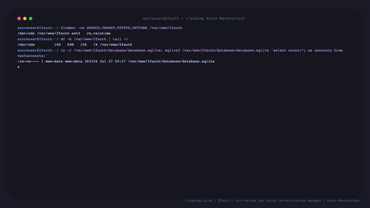 The dedicated 2FAuth data disk and the SQLite database