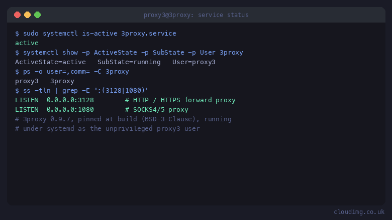 3proxy service active with proxy listeners