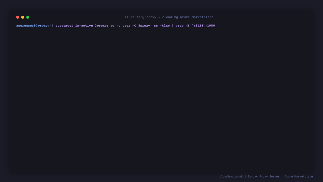 The 3proxy service active under systemd and running as the unprivileged proxy3 user, with ss showing the HTTP/HTTPS forward proxy listening on TCP port 3128 and the SOCKS proxy on TCP port 1080