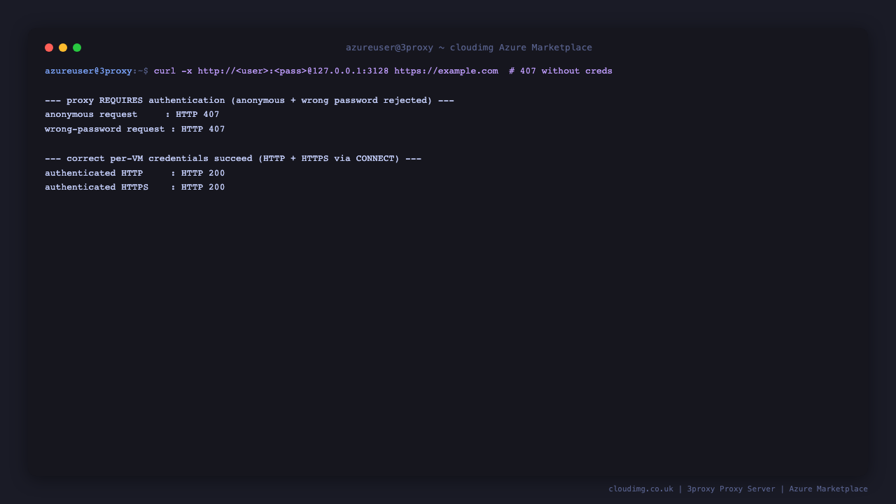 The secure by default authentication round trip: an anonymous request and a wrong password request are both rejected with HTTP 407, while a request with the correct per VM username and password succeeds with HTTP 200