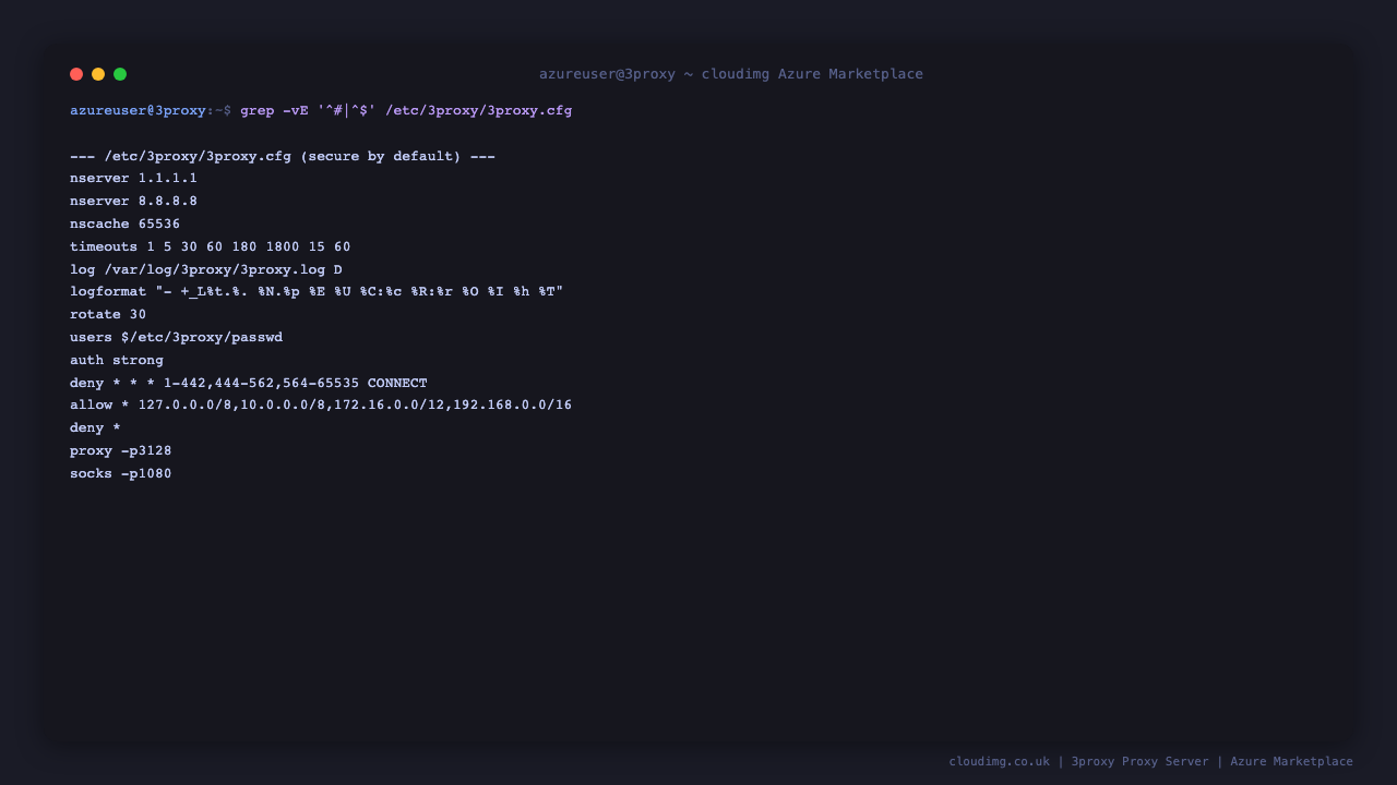The 3proxy configuration file showing the secure defaults: mandatory strong authentication against a per VM users file, CONNECT restricted to TLS ports only, an access control list allowing authenticated clients from loopback and RFC1918 private ranges with a deny all default, and the HTTP proxy and SOCKS services