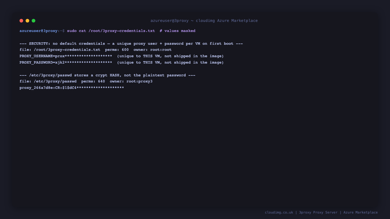 The security proof: the credentials file is 0600 root root, and the proxy passwd file is 0640 root proxy3 storing a crypt hash of the per VM password rather than the plaintext
