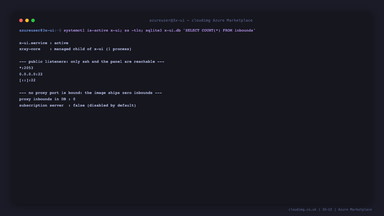 The x-ui service active, only ports 22 and 2053 publicly bound, Xray running as a managed child with no proxy port, and the subscription server disabled