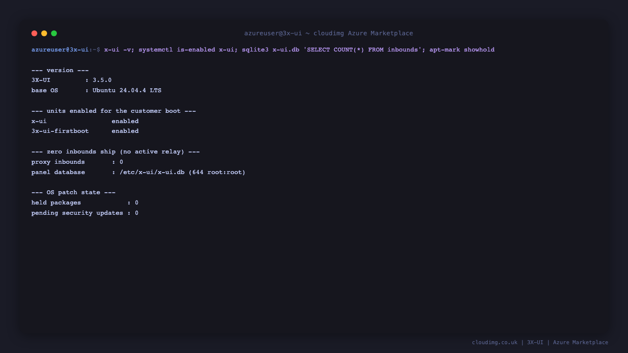 The deployed 3X-UI version, both units enabled for the customer boot, zero inbounds in the database, and a fully patched OS