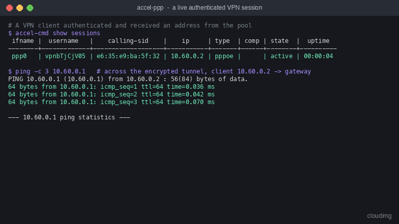 A live authenticated PPP session: accel-cmd show sessions listing the connected user with a pool address, and a ping crossing the tunnel to the gateway 10.60.0.1