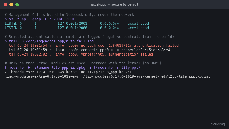 The management CLI bound to loopback only, rejected authentication attempts in the auth-fail log, and the in-tree L2TP kernel module shipped by the distribution kernel package