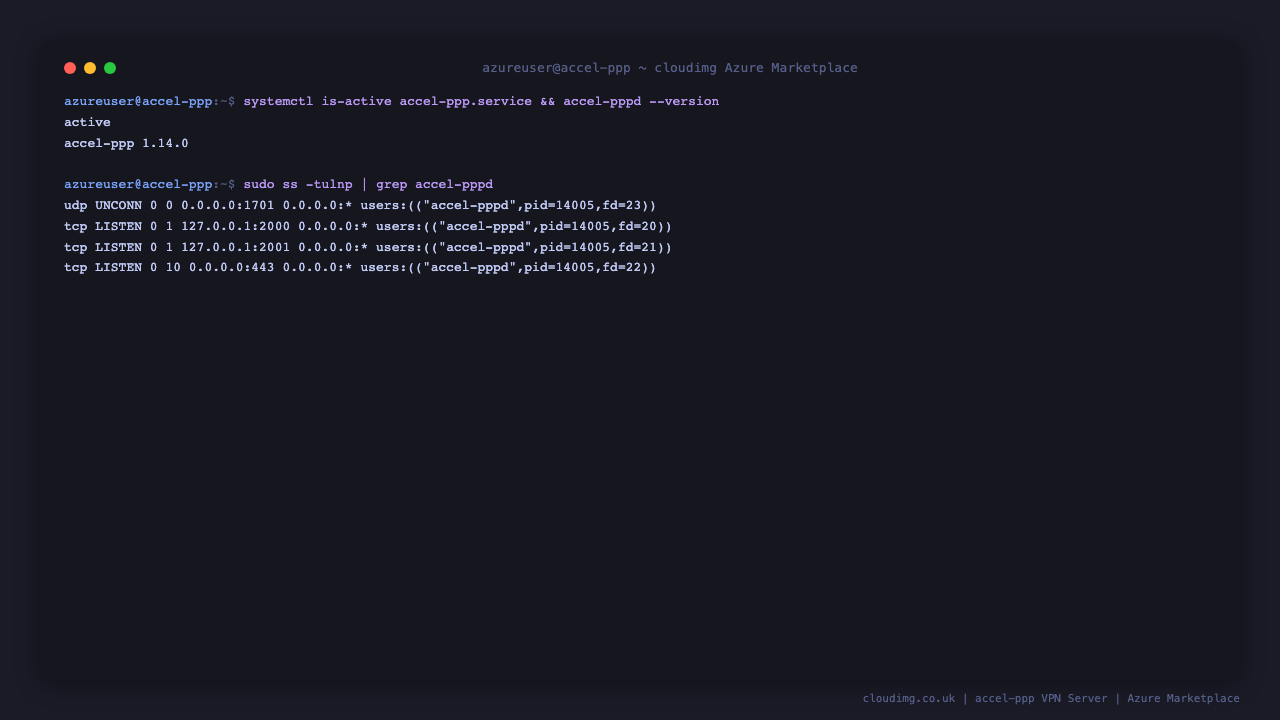accel-ppp service active, version 1.14.0, and ss showing SSTP on 0.0.0.0:443, L2TP on 0.0.0.0:1701 and the management CLI bound to loopback only