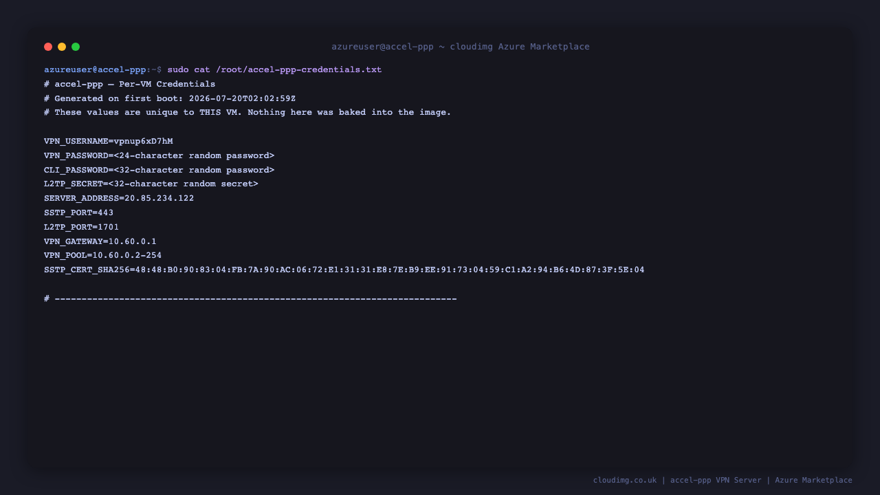 Per-VM credentials file showing the generated VPN username, the SSTP certificate fingerprint, the address pool and the NSG scoping guidance