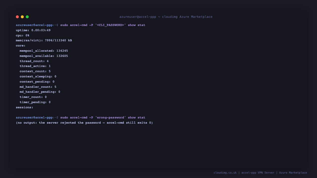 accel-cmd authenticated with the per-VM CLI password returning live daemon statistics, and returning no output when the password is wrong