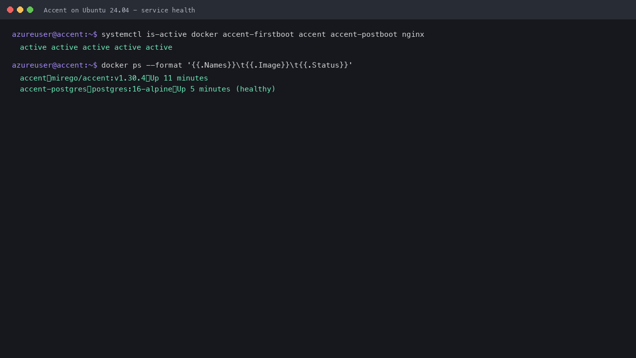 The docker, accent-firstboot, accent, accent-postboot and nginx services all active, and the two compose containers, the Accent release and PostgreSQL 16, running and healthy