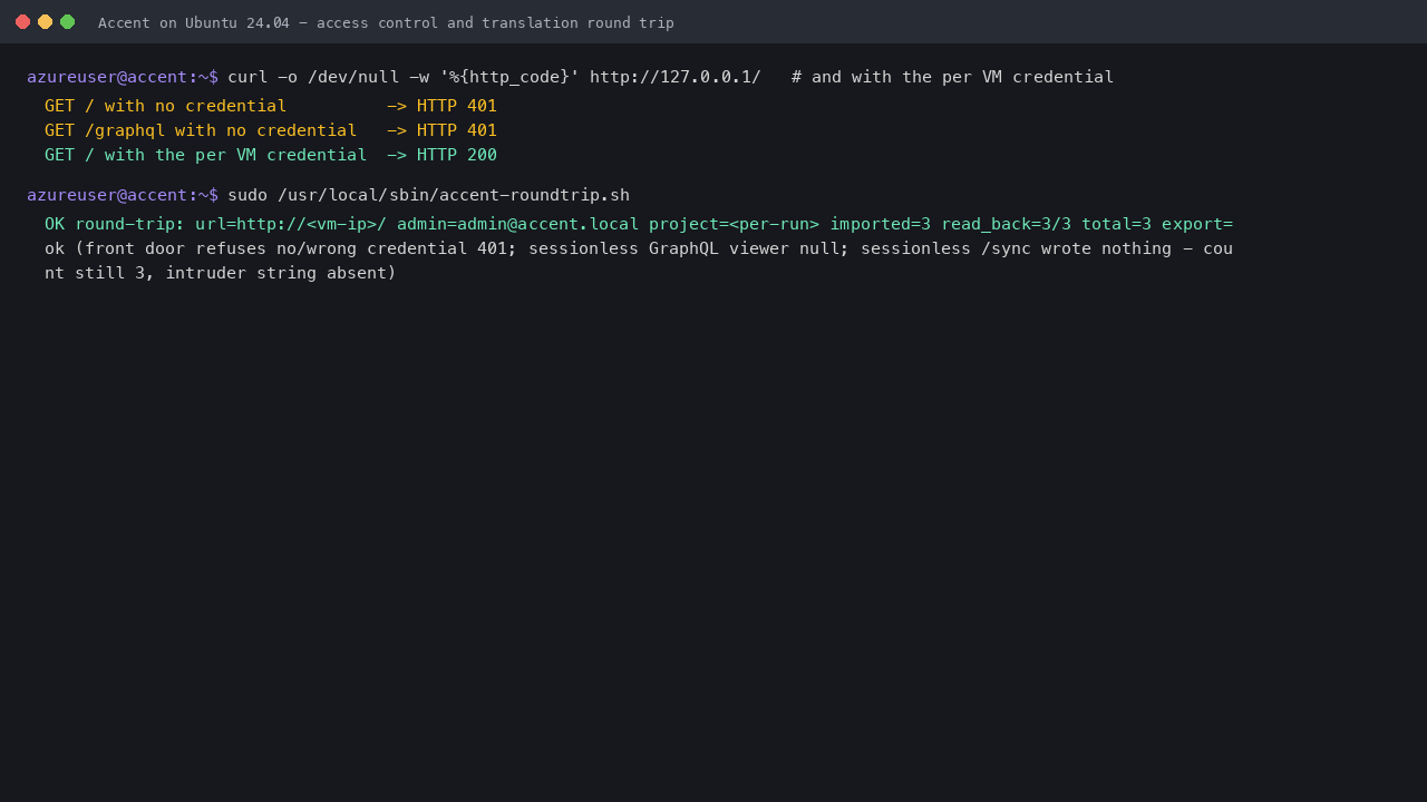 The bundled self test reporting OK: no credential and no session are refused with 401, the per instance credential is accepted, three translations import and all three are read back with the exact content and count, and an unauthenticated import wrote nothing