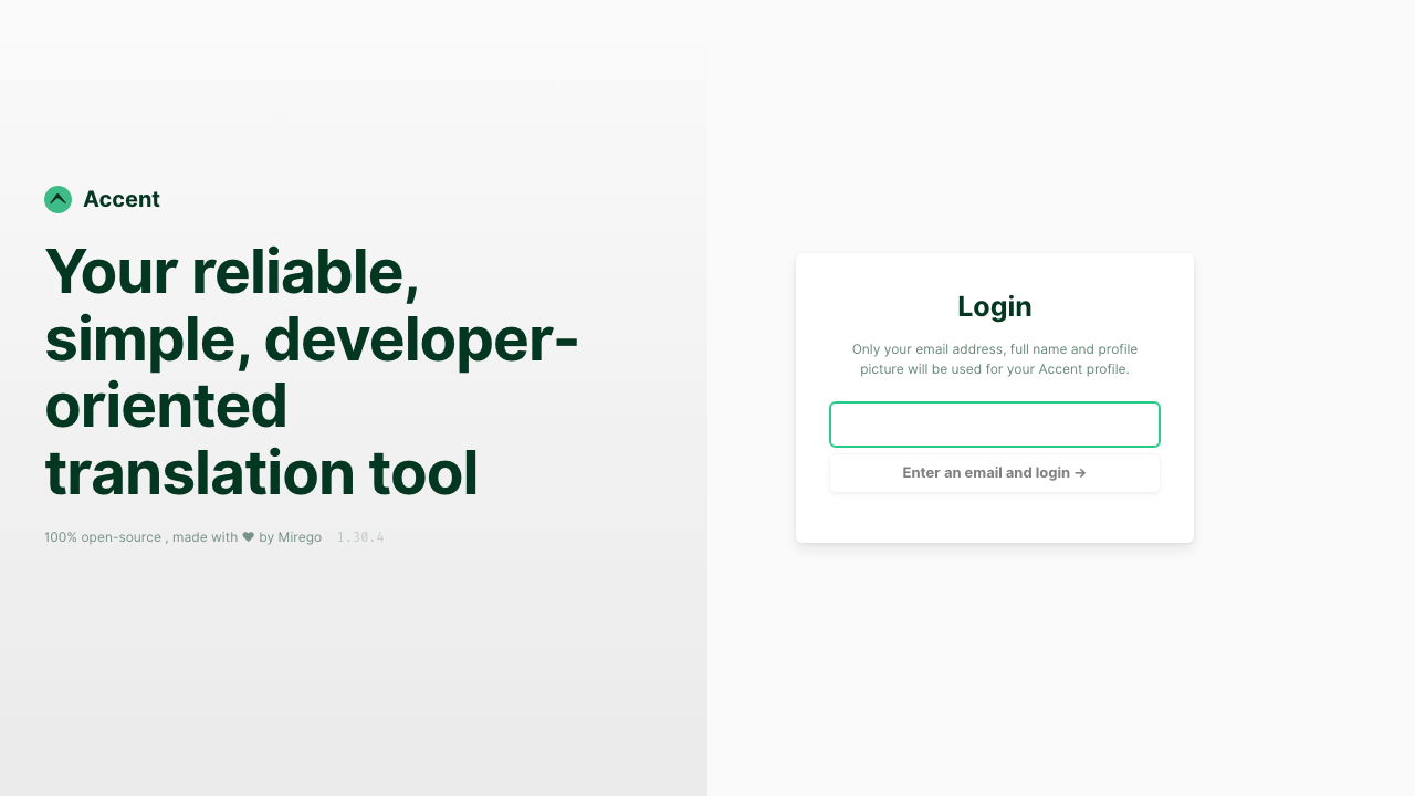 The Accent sign in page, showing the product introduction alongside a Login panel that asks only for an email address