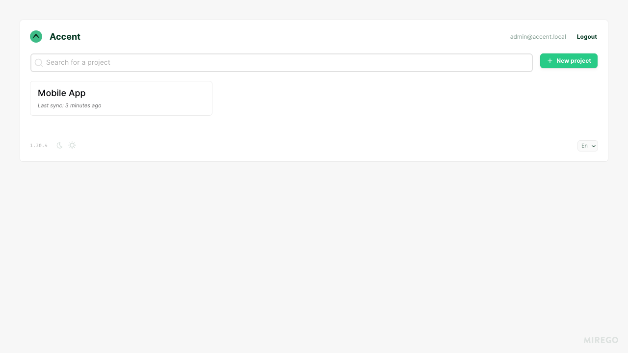 The Accent projects list, signed in as the per instance administrator, with a search box and a New project button