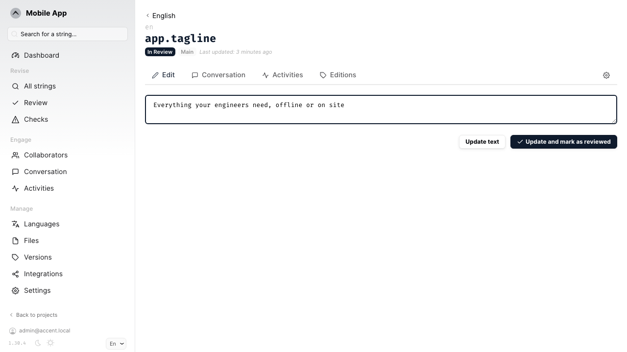 The Accent single string editor for the app.tagline key, showing the editable English text, Update text and Update and mark as reviewed actions, and the Conversation, Activities and Editions tabs