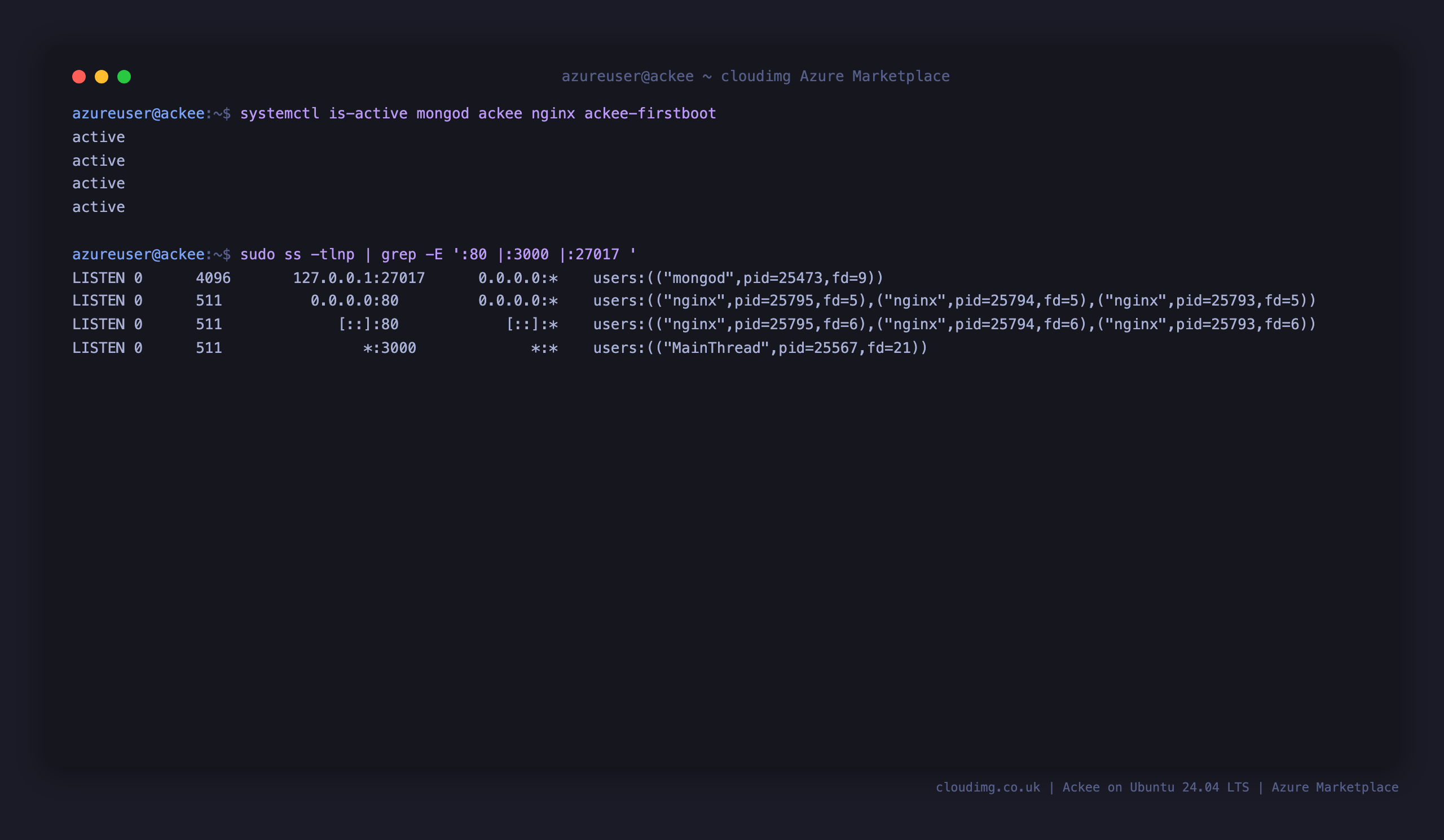 mongod, ackee, nginx and ackee-firstboot active, with mongod on 127.0.0.1:27017, nginx on :80 and Ackee on :3000