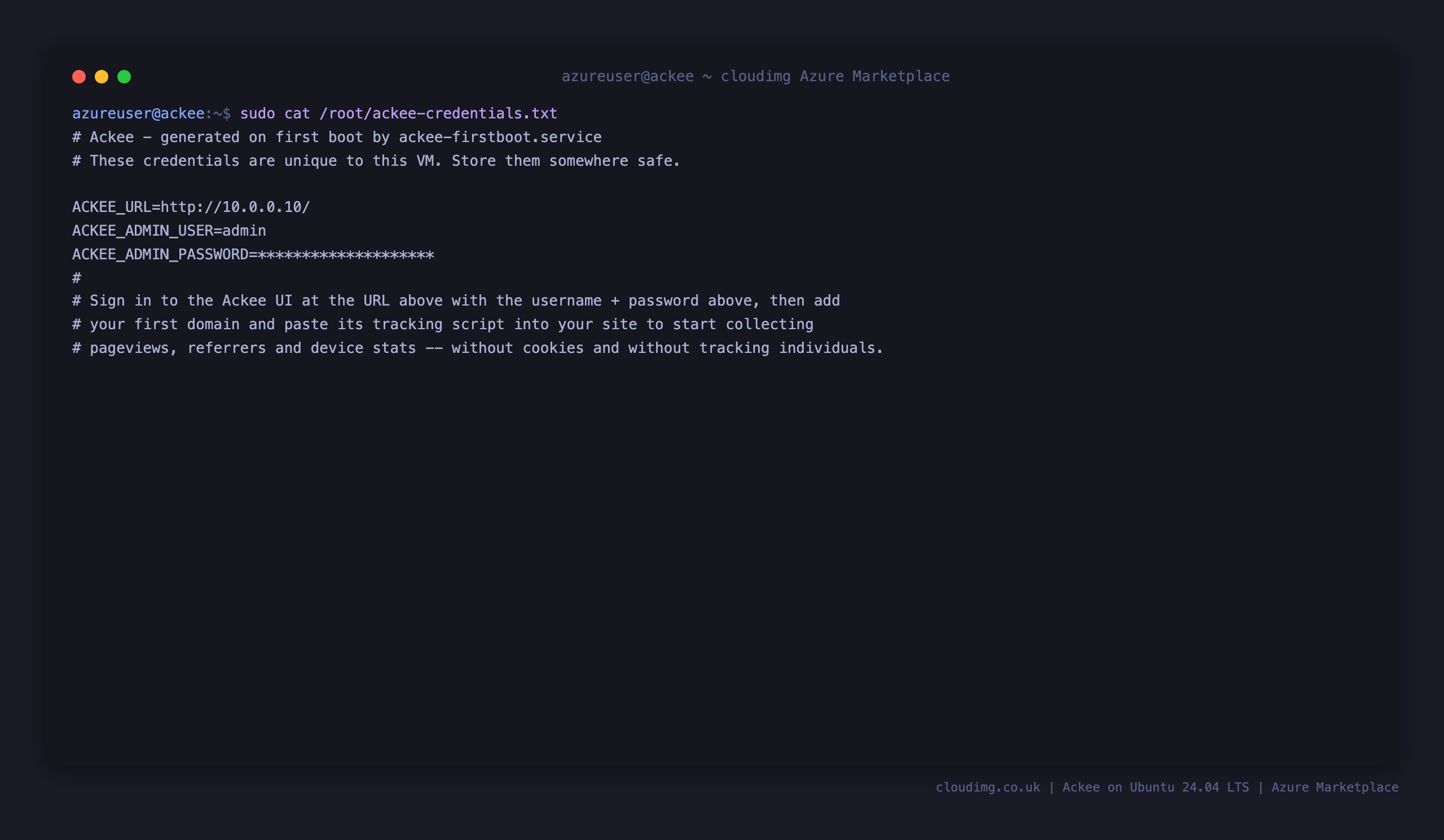 The per-VM Ackee admin credentials file, with the generated password