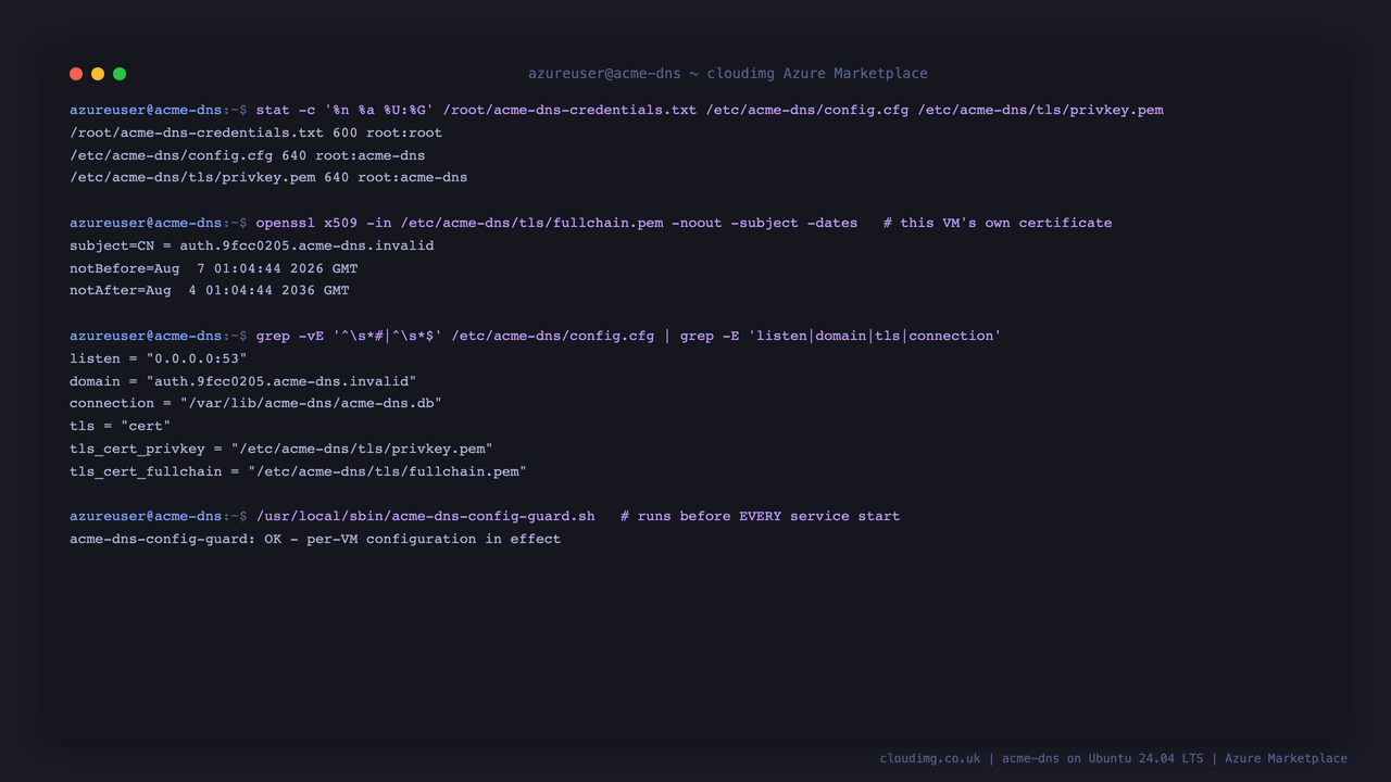 the credentials file is 0600 root root and the configuration and TLS private key are 0640 root acme-dns, the API certificate subject is this VM's own generated zone, the effective configuration shows the listen address database path and TLS settings with no upstream example values, and the start time guard reports that a per VM configuration is in effect