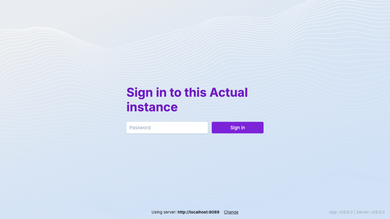 Actual Budget sign-in screen served through the nginx reverse proxy