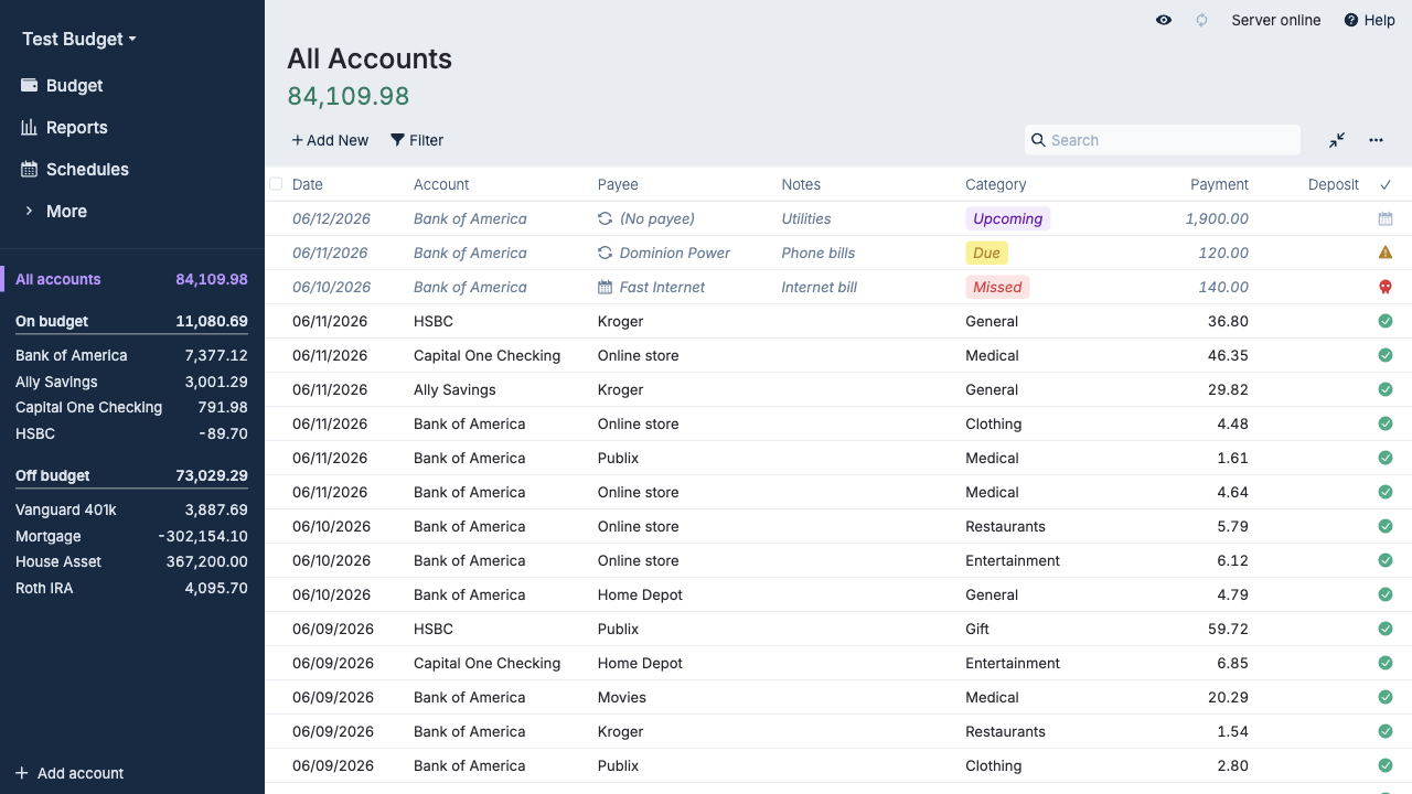 Accounts and transactions in the Actual Budget web app
