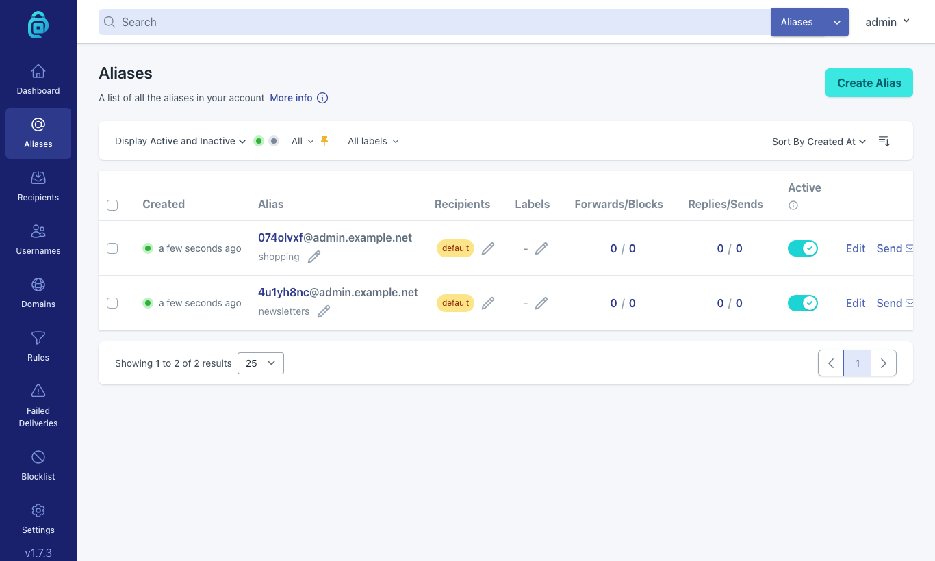The aliases page listing an alias on the appliance's domain with its forward and reply counters and an active toggle