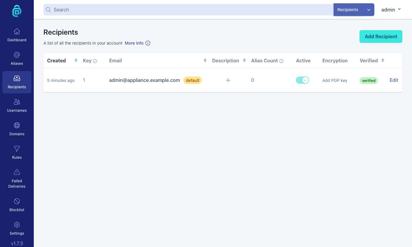 The recipients page, where the mailboxes forwarded mail goes to are added and verified