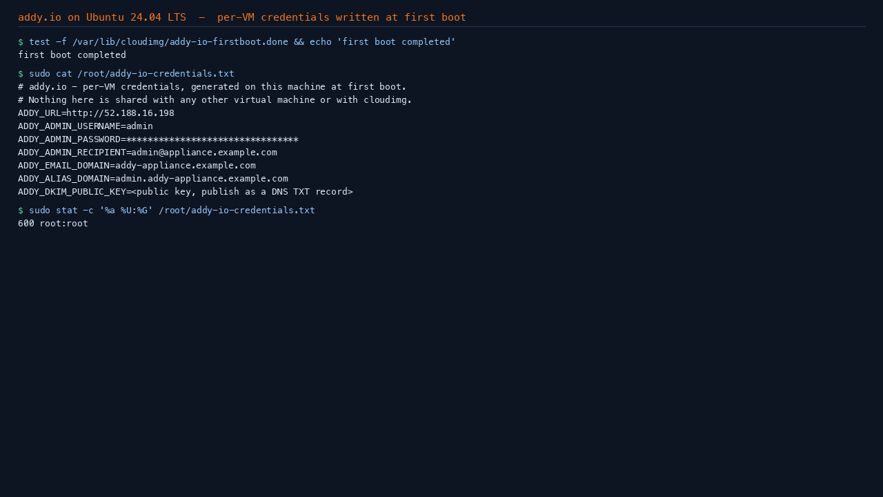The first boot sentinel present, the per instance credentials file with its generated administrator password, and the file readable only by root