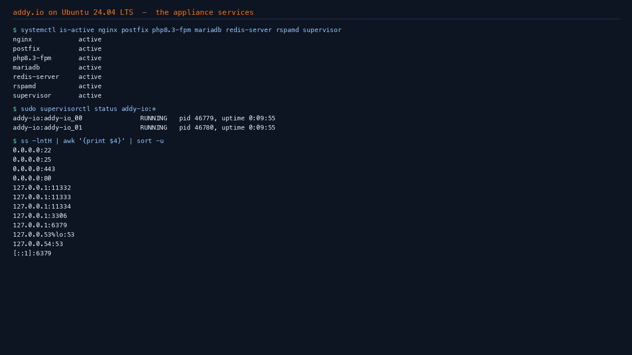 The nginx, postfix, php8.3-fpm, mariadb, redis-server, rspamd and supervisor services all active, two Laravel queue workers RUNNING, and only ports 22, 25, 80 and 443 listening publicly