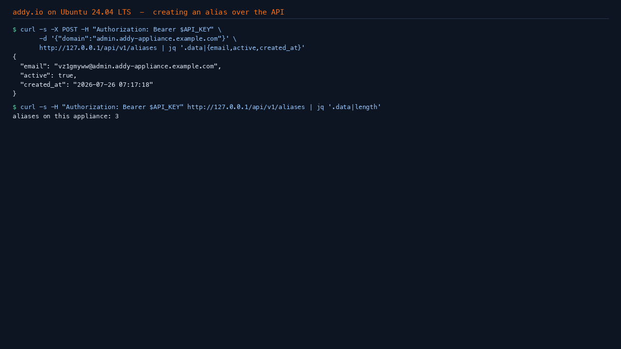 Creating an alias over the API and listing the aliases on the appliance back
