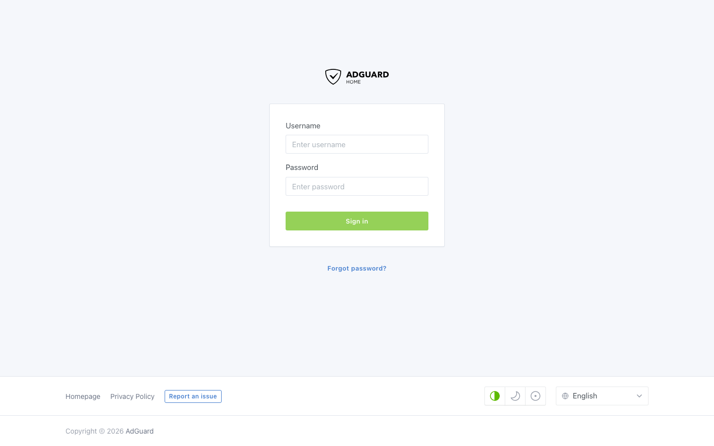 The AdGuard Home sign-in page served over HTTPS