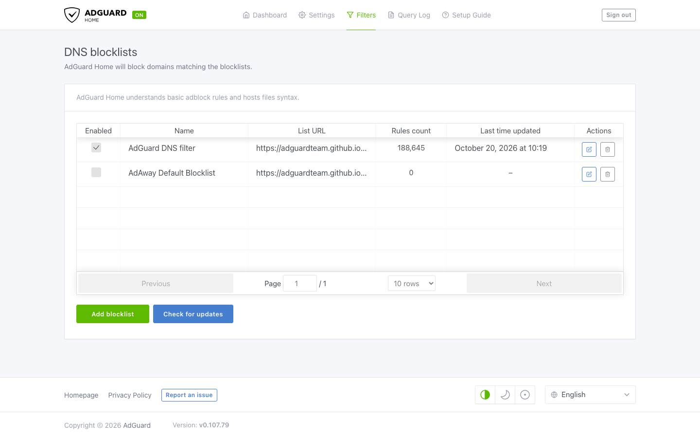 The DNS blocklists page with the AdGuard DNS filter enabled and its rule count
