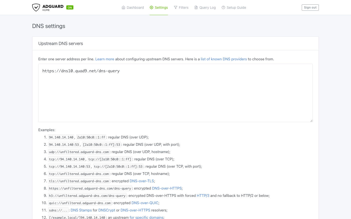 The Upstream DNS servers setting showing Quad9 DNS-over-HTTPS