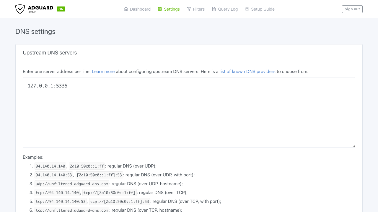 The Upstream DNS servers setting showing the private Unbound resolver 127.0.0.1:5335
