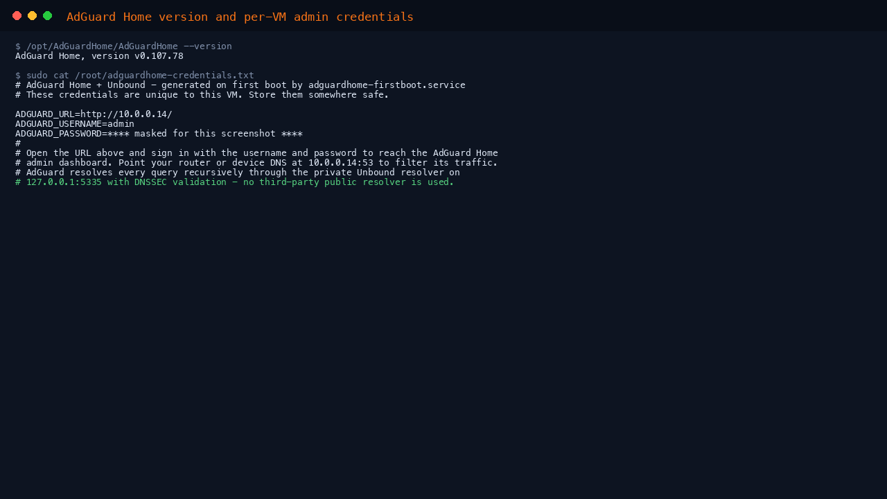 The AdGuard Home version and the per VM credentials file with the generated admin username, password and URL