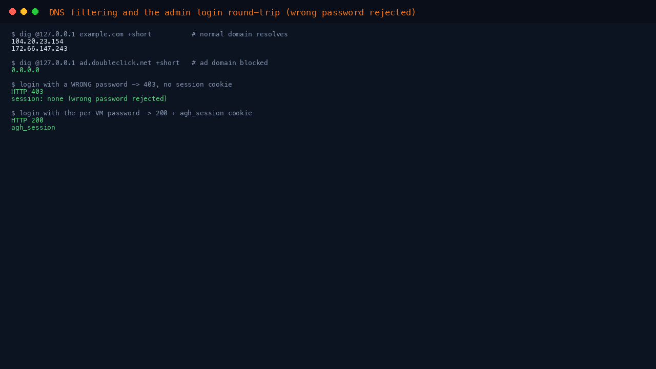 Resolving example.com, the ad domain blocked with 0.0.0.0, and the admin login round trip rejecting a wrong password and accepting the per VM password with a session cookie