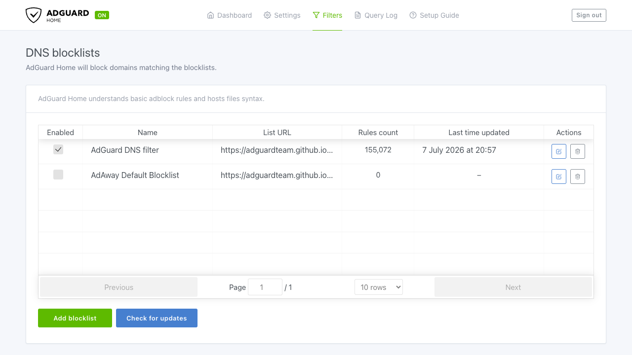 AdGuard Home DNS blocklists