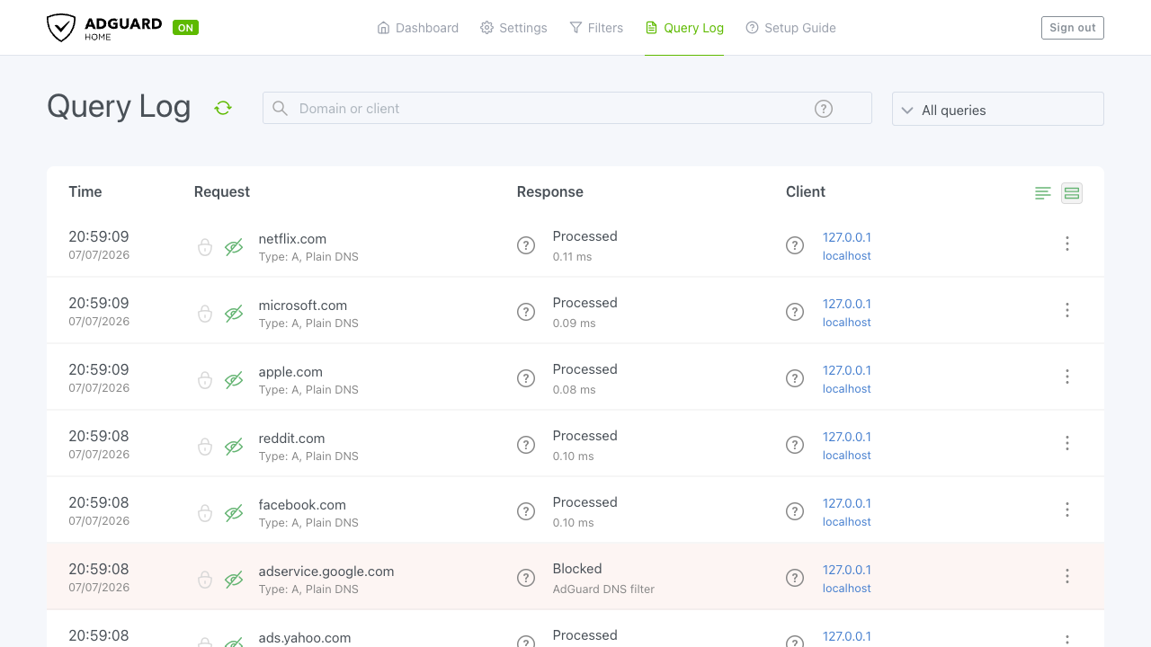 AdGuard Home live query log