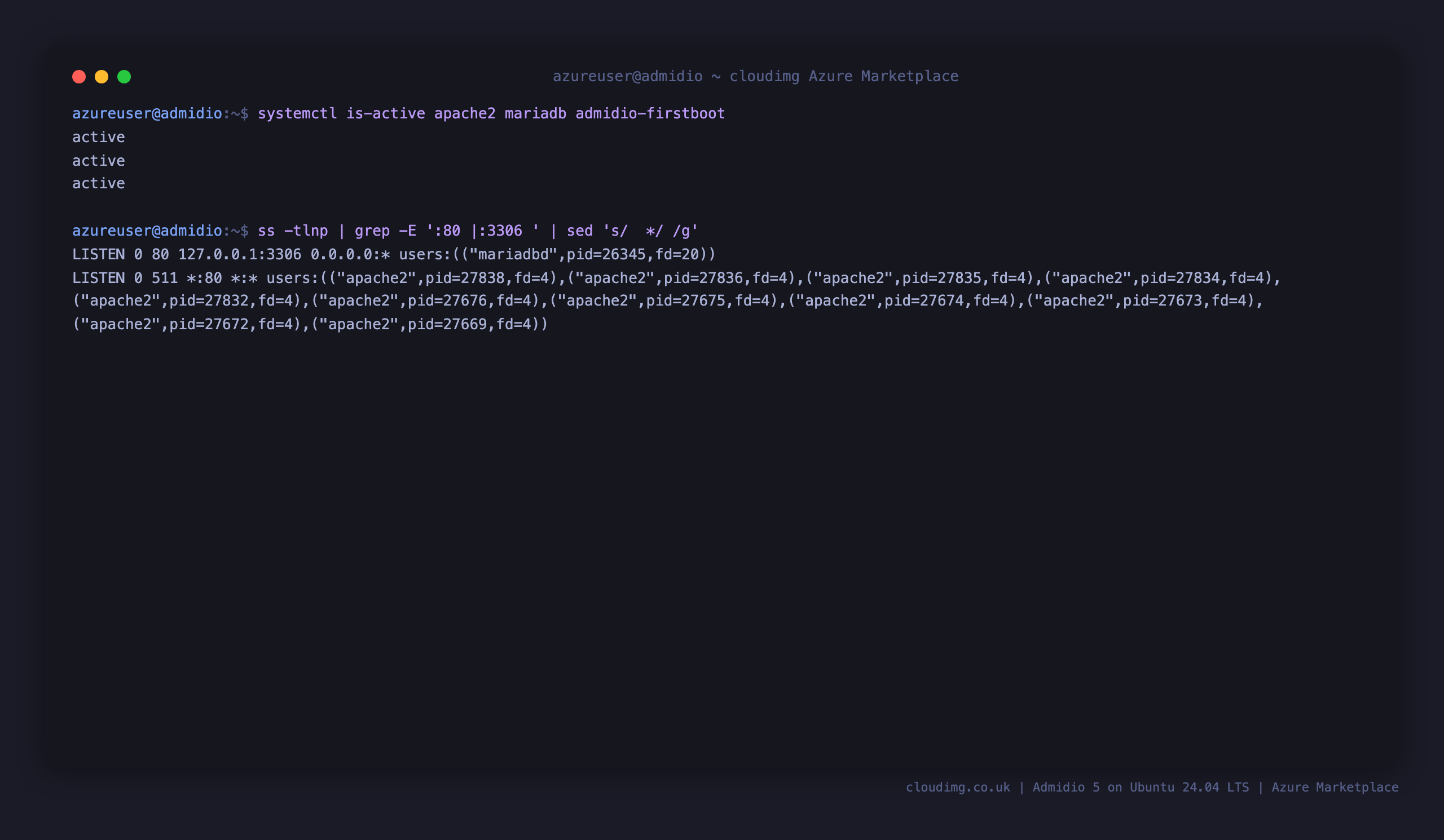 The apache2, mariadb and admidio-firstboot services all reporting active, with Apache listening on port 80 and MariaDB bound to loopback 127.0.0.1:3306