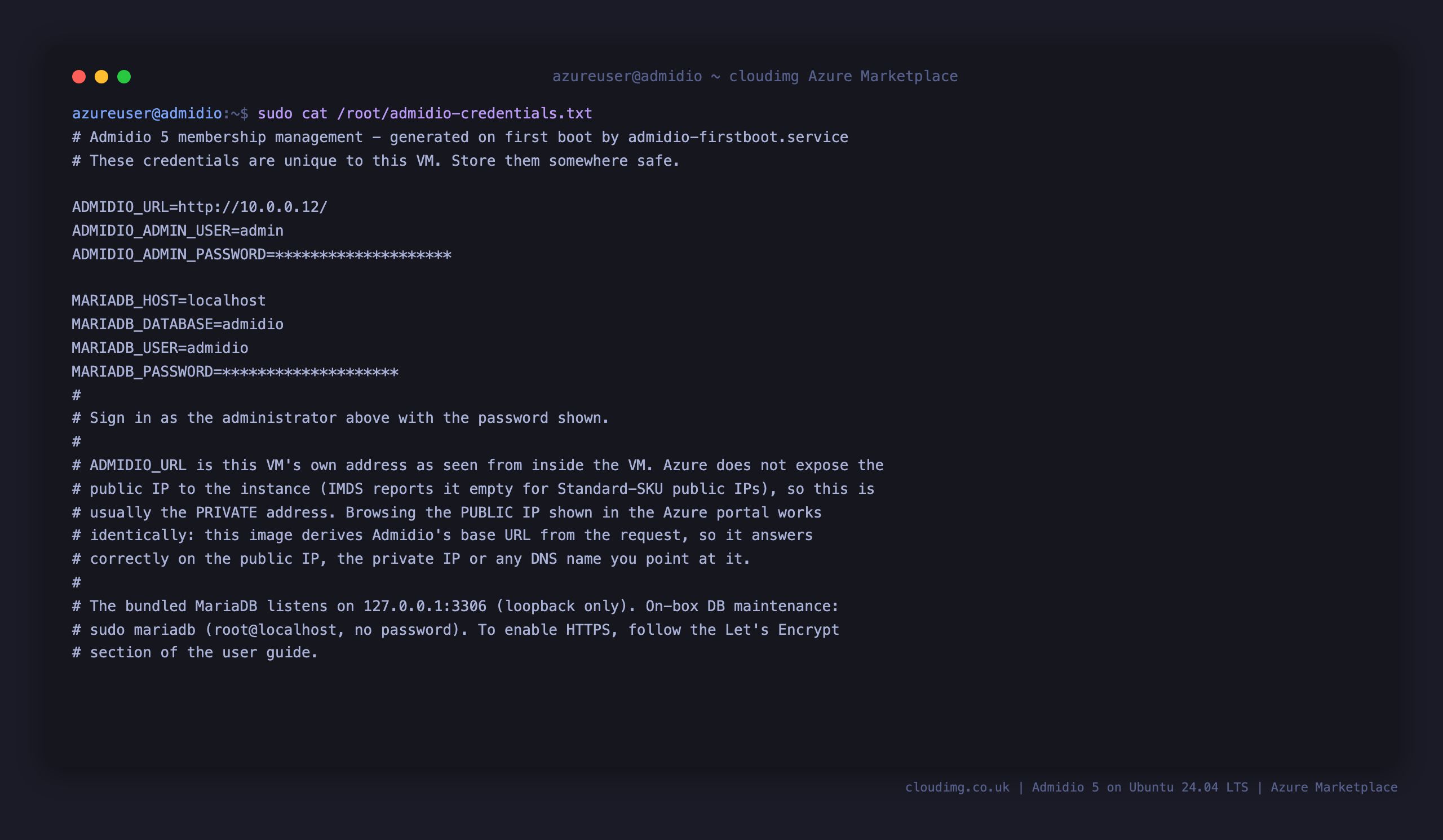 The per VM Admidio credentials file, showing the admin login user, the generated password masked, the application URL and the loopback MariaDB details