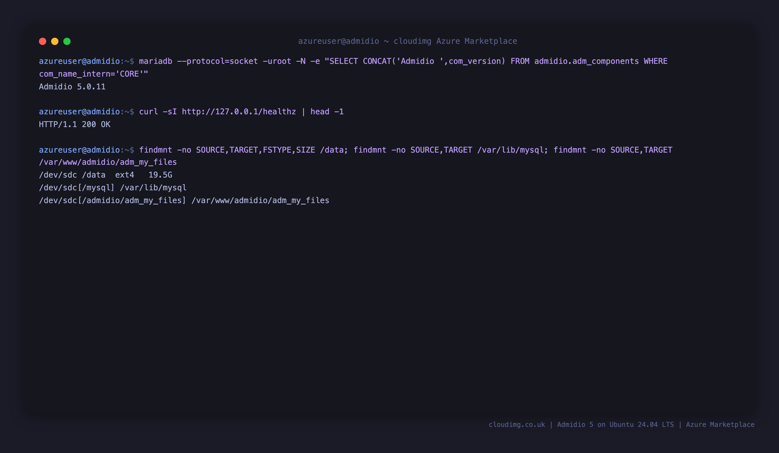 The installed Admidio version, the healthz endpoint returning 200, and the ext4 data disk mounted at /data and bind mounted onto both the MariaDB datadir and the Admidio files tree