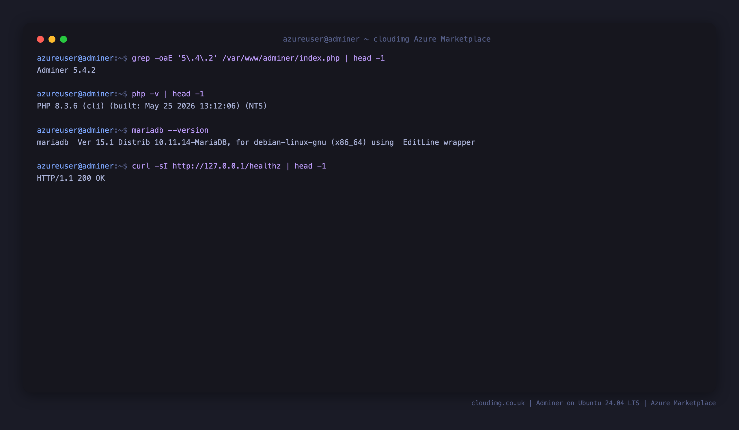 The Adminer 5.4.2 version, PHP 8.3 and MariaDB 10.11 versions and the healthz endpoint returning 200