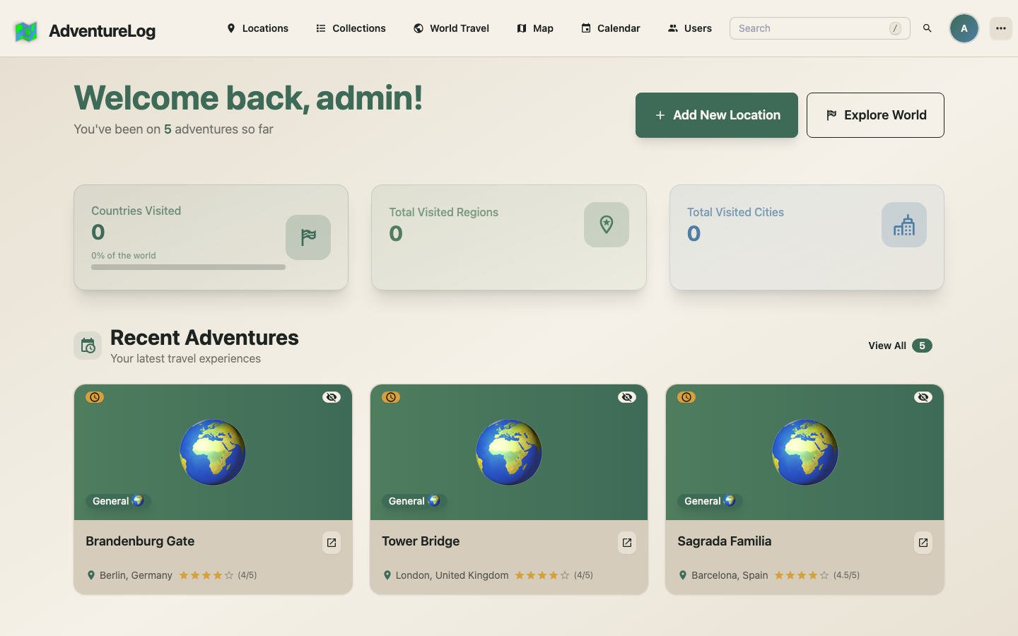 The AdventureLog dashboard welcoming the administrator with visited-countries, regions and cities statistics and recent adventures