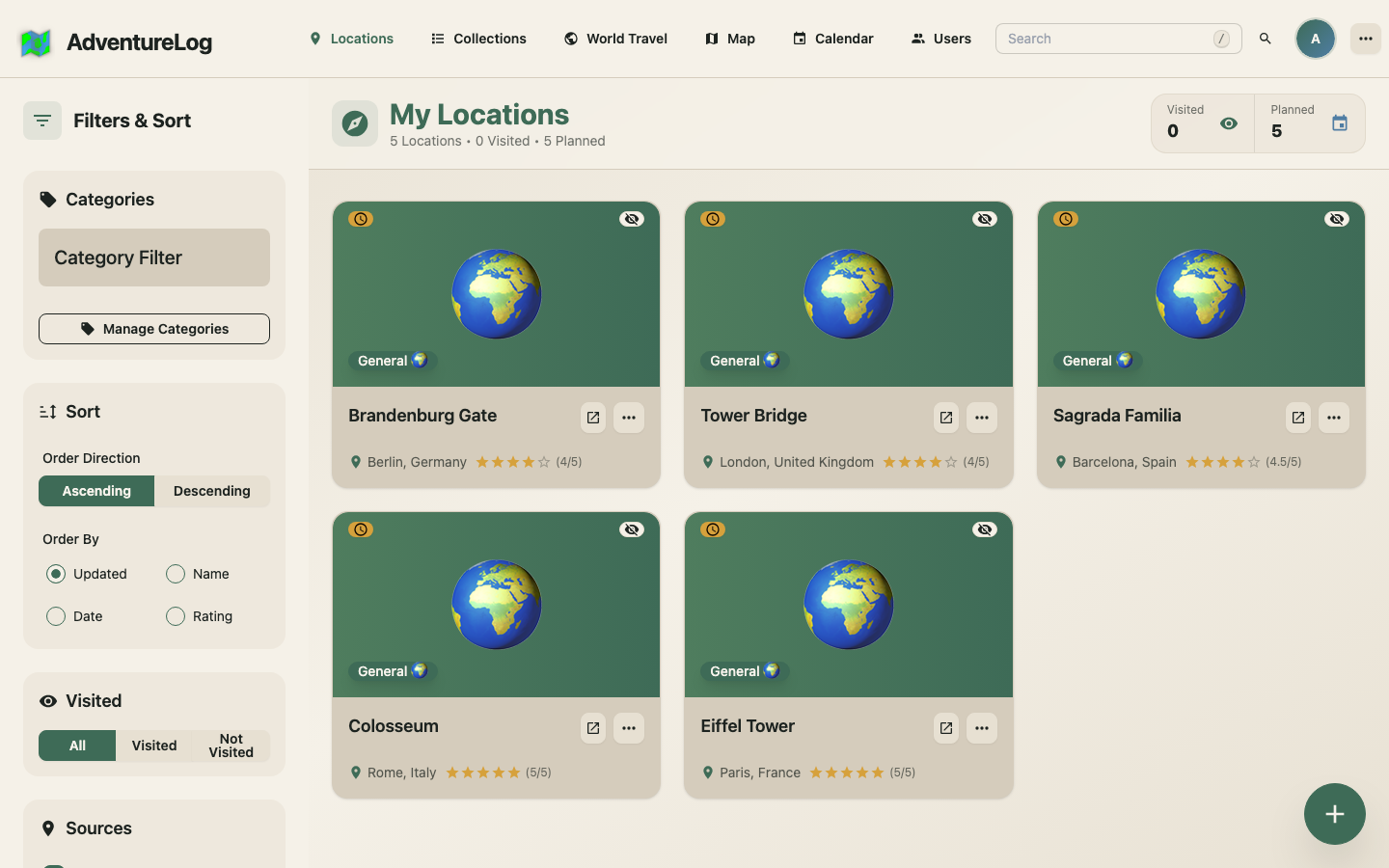 The AdventureLog Locations view listing logged adventures with a filter and sort sidebar