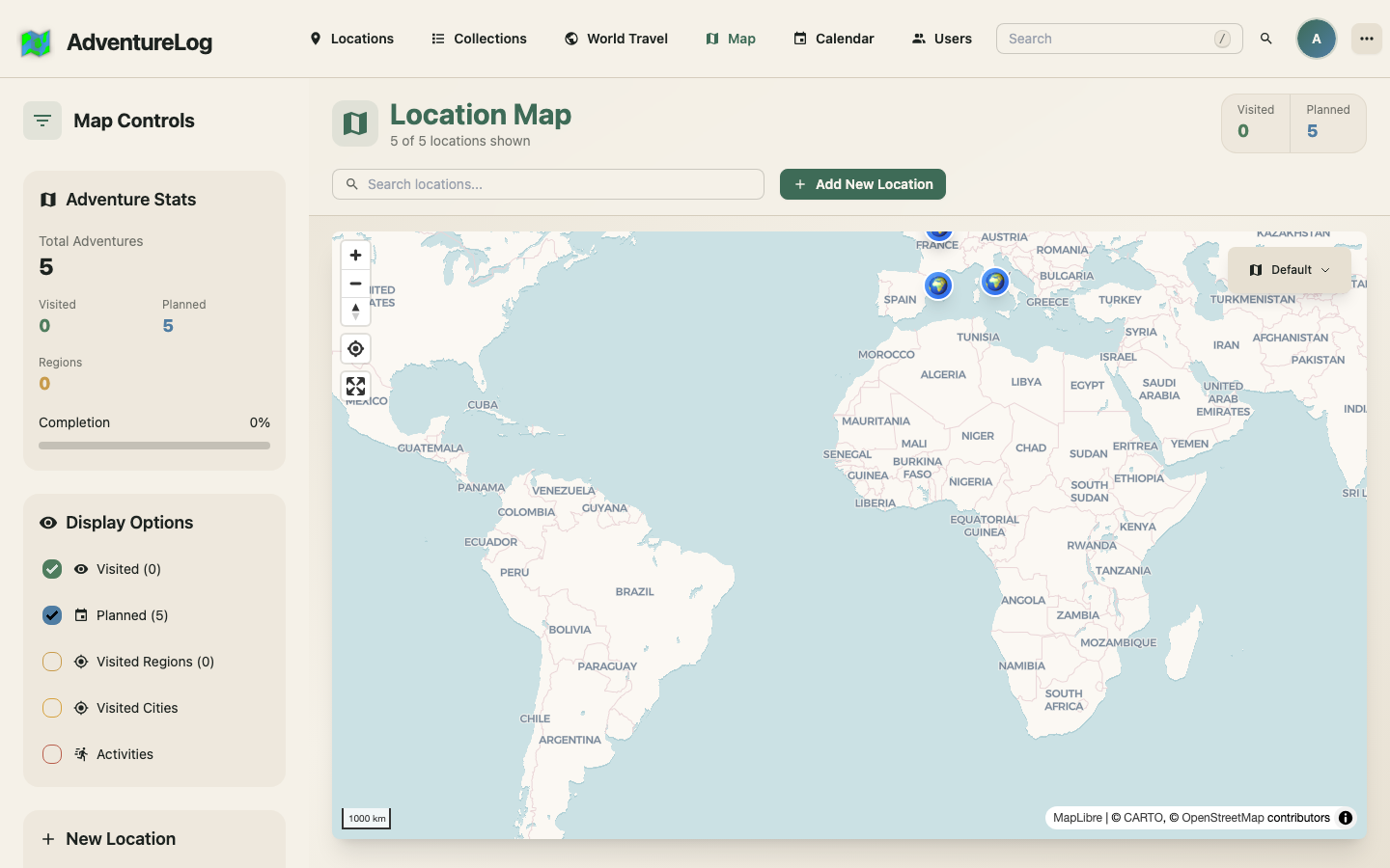 The AdventureLog interactive map pinning logged adventures across Europe