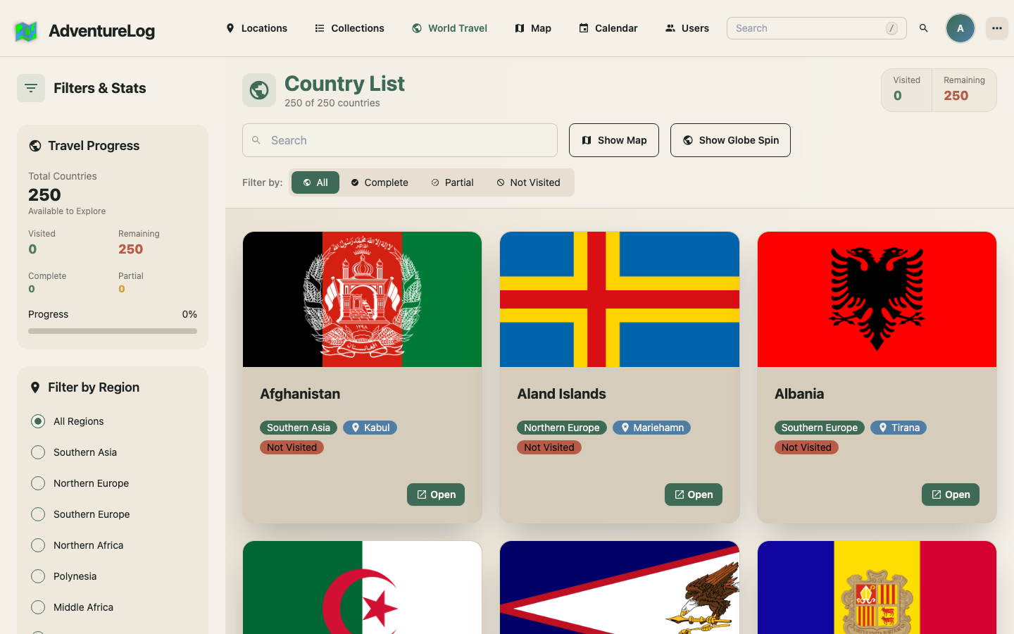 The AdventureLog World Travel country list tracking visited countries and travel progress