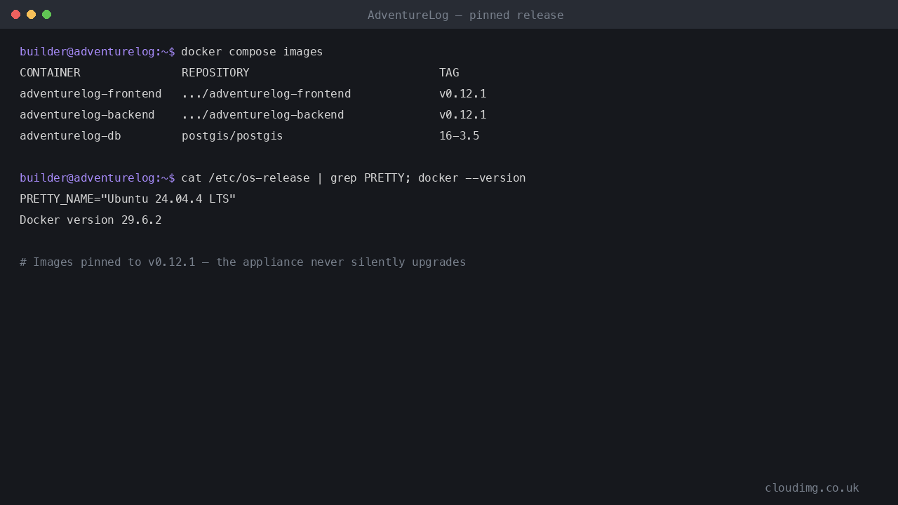 AdventureLog pinned to v0.12.1 - frontend, backend and the PostGIS database images