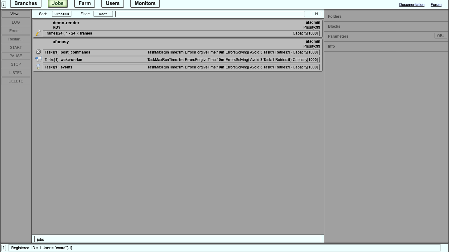 The Afanasy Web Monitor Jobs view with the demo-render job (24 frames, ready) and the afanasy system job with its post_commands, wake-on-lan and events blocks