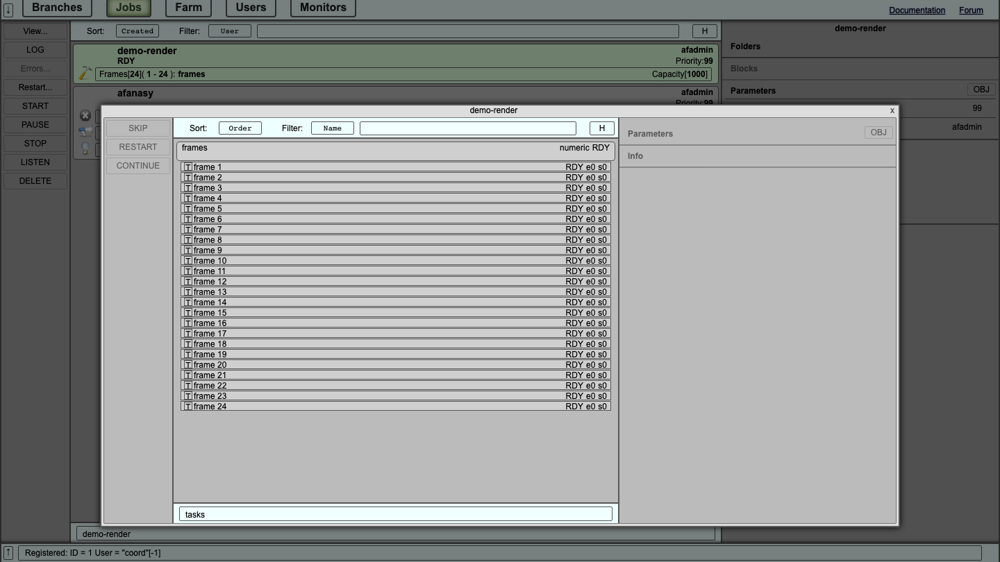 The tasks window for demo-render listing frames 1 to 24, each ready with no errors or starts
